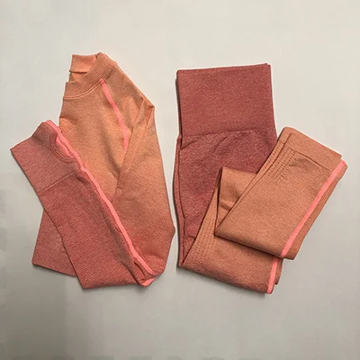 Orange Ombre бесшовный комплект из 2 предметов, комплект для йоги, женский спортивный костюм, одежда для спортзала, тренировок, с длинным рукавом, для фитнеса, укороченный топ и резинки, попки, леггинсы - Цвет: Orange