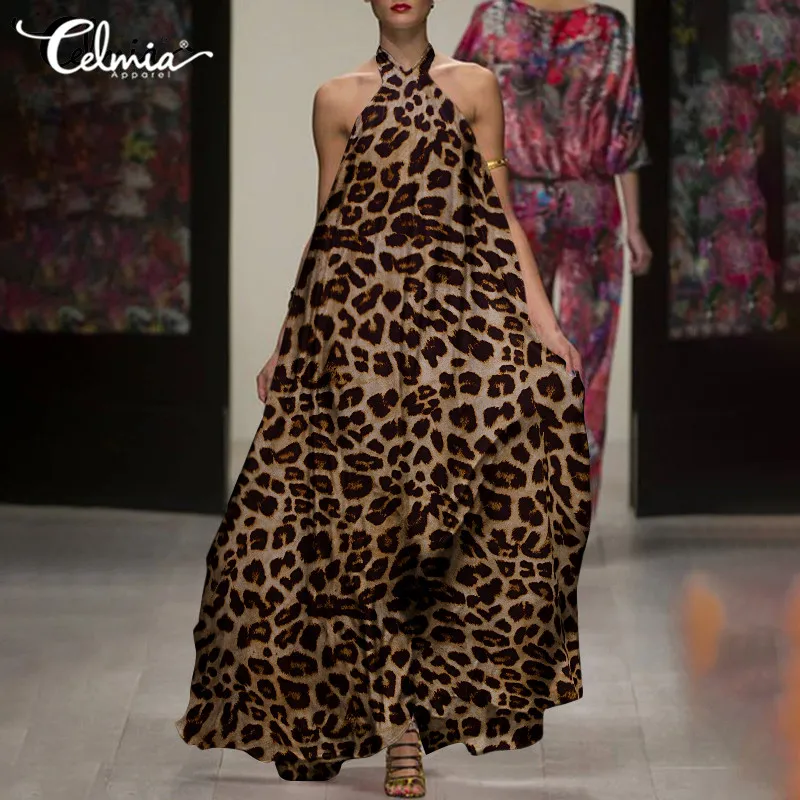 

Celmia Sexy Halter Sleeveless Maxi Vestidos Women Leopard Printed Long Dress 2022 Summer Casual Loose Bohemian Swing Sundress