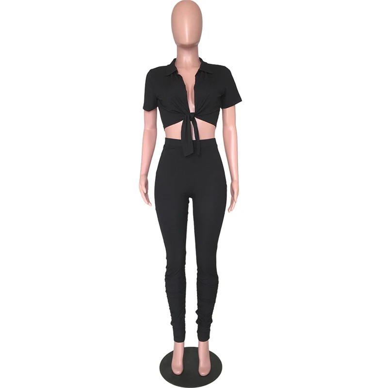Adogirl Solid Ribbed 2 Piece Set Turn Down Collar V Neck Tie Short Sleeve Crop Top Ruched Pants Women Tracksuit home Outfits |