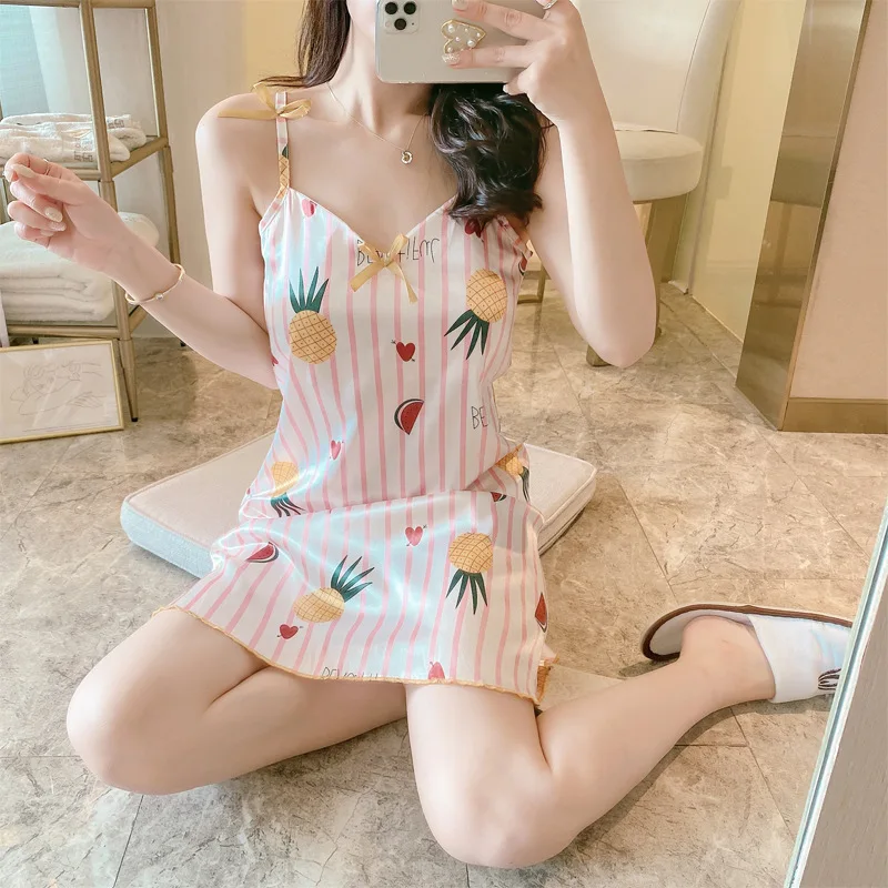 Ночная сорочка женская на бретельках пикантная шелковая летняя рубашка с