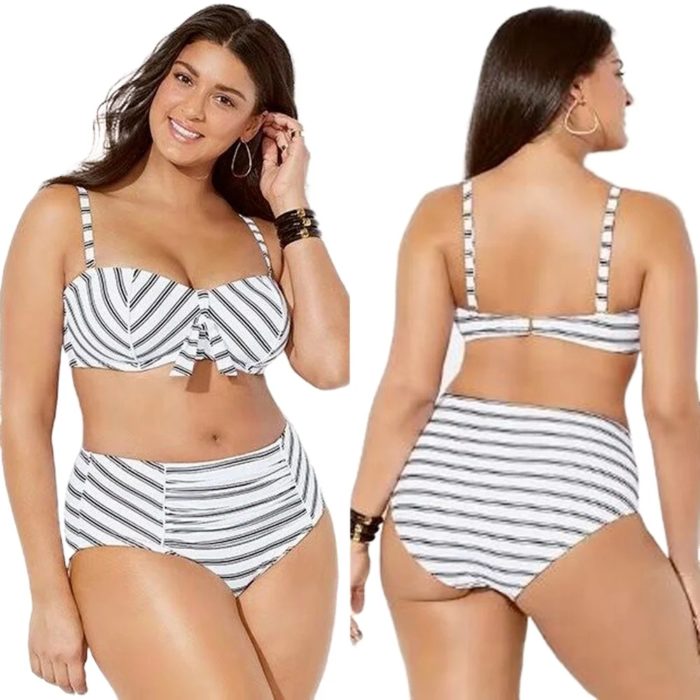 

Женский раздельный купальник, бикини в полоску с высокой талией, 2021 кг, размера плюс