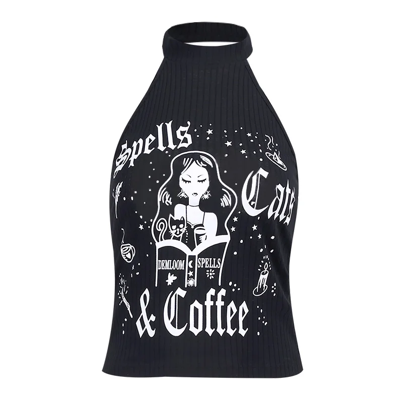 

InsGoth Punk Blackless Sexy Halter Tank Harajuku Printed Camisole Streetwear Gothic Sexy Bodycon Off Shoulder Slim Women Tops