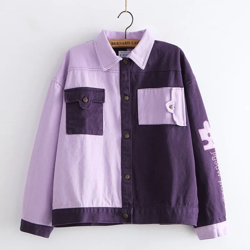 Purple Merry Pretty, Женские базовые куртки с вышитыми буквами, зимние лоскутные куртки с длинным рукавом и карманами, винтажные джинсовые куртки, верхняя одежда, пальто - Color: Purple