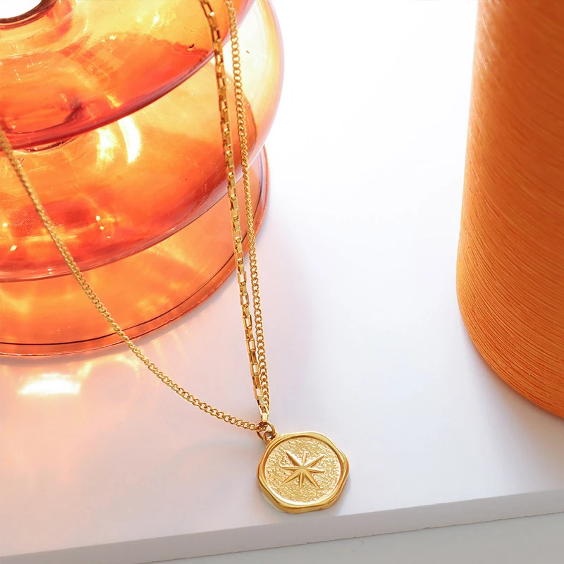 

Statement Stainless Steel Jewelry Vintage Round Star Charms Layered Link Chain Choker Necklace Pendant For Women Wholesale