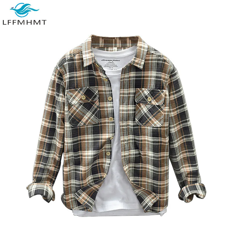 

Japan Style Classical Plaid Long Sleeve Lapel Simple Shirts Men Harajuku Summer Autumn Pockets Cotton Tops Slim Fit Streetwear