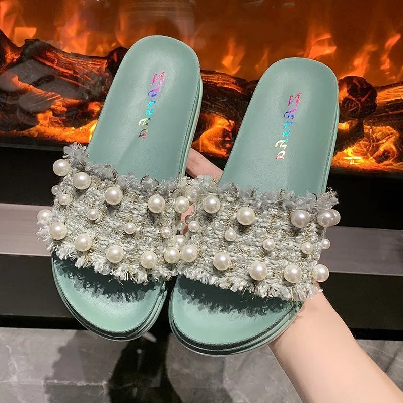 

Shoes For Girls Womens Slippers Outdoor String Bead Pantofle Luxury Slides Med Shale Female Beach Lady Soft Flat 2021 Designer