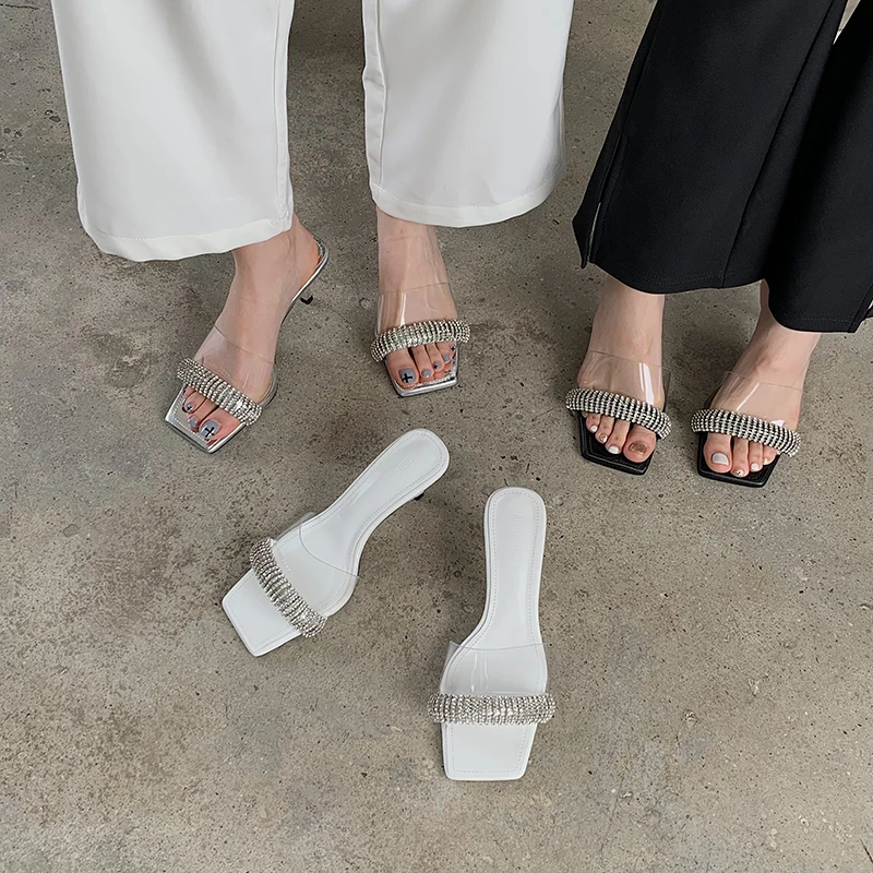 

Transparent Women Slippers Rhinestone Chain Shallow Slip On Thin High Heels Black White Silver Summer Sandals Mules Shoes 35-39