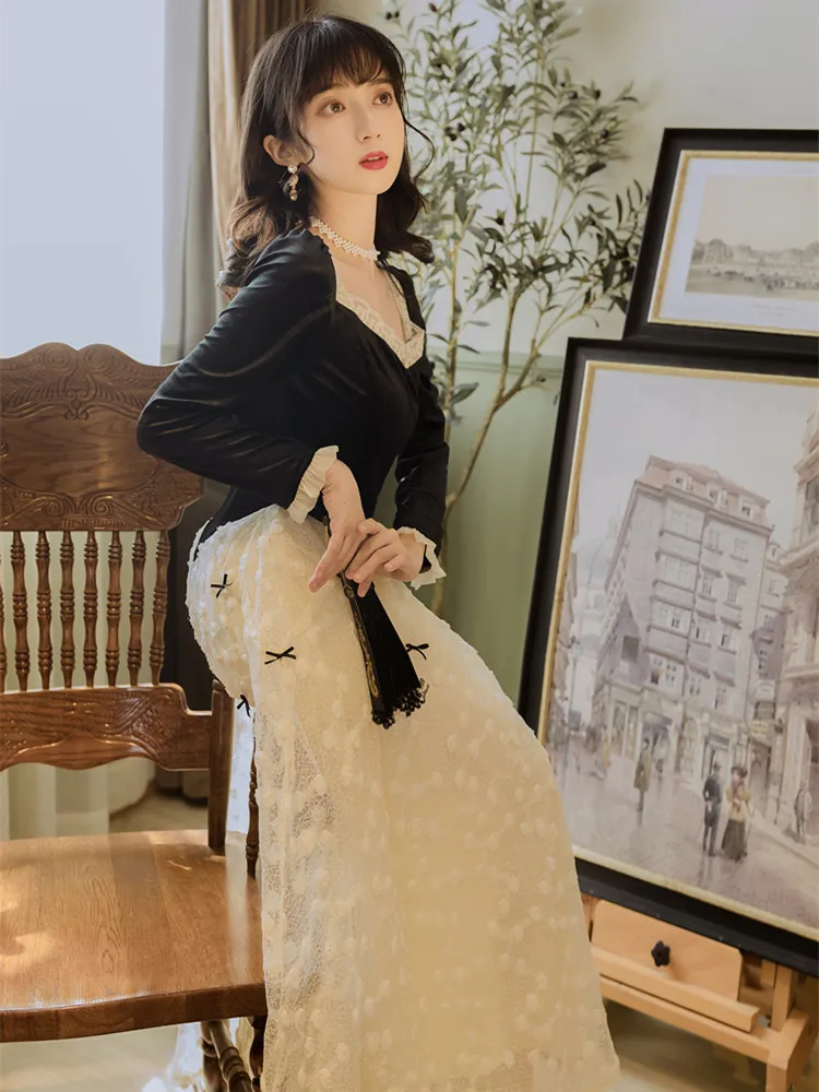 

Black Velvet Princess Dress Vintage Square Collar Petal Sleeve Patchwork Embroidery Lace Elegant Lady Party Dresses Vestido