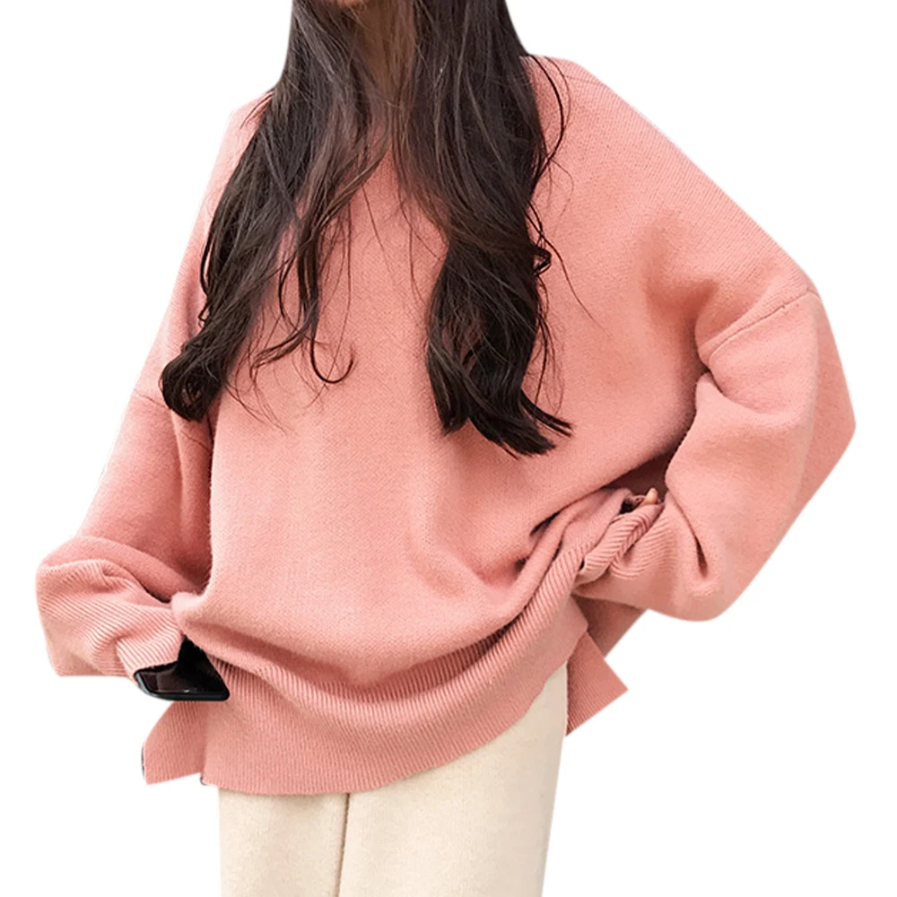 

Split Solid Sweater Women Autumn O neck Long Sleeve Pullovers Knitted Top Female Sweaters Casual Loose Sweater Women Clothing