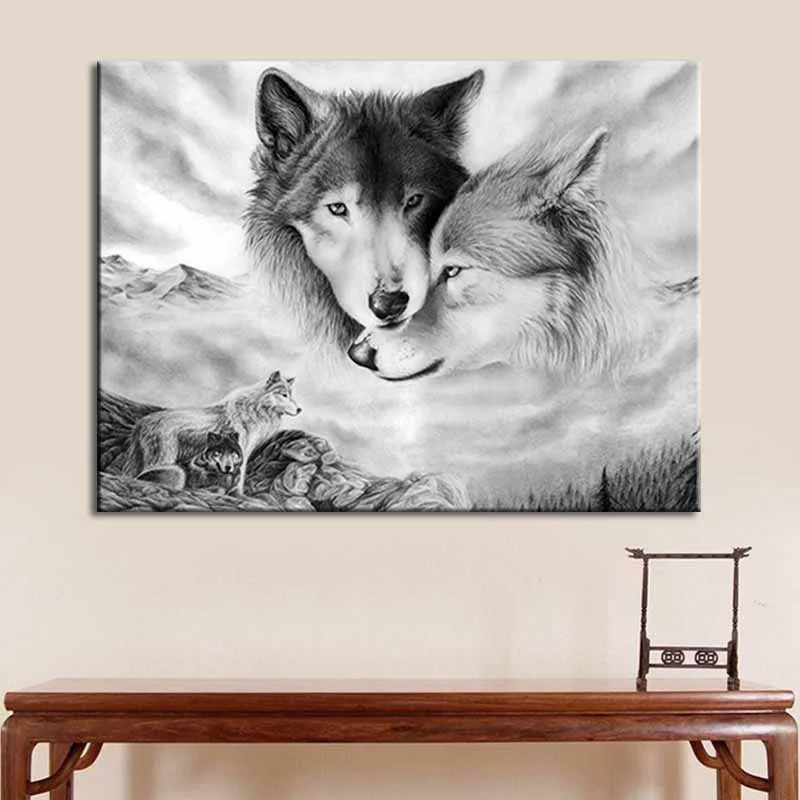 

Black and white wolf animal decoration painting home living room background wall hanging painting frameless canvas painting