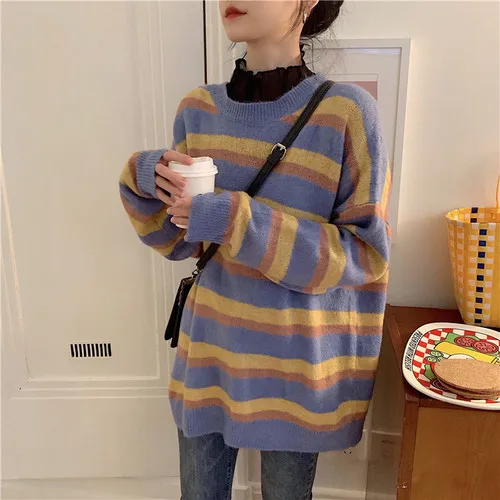 Striped Fashion Basic Hit Casual Loose All Match 2019 Female Women Long Sleeve Hot Sale College Wind Thin Sweaters | Женская одежда