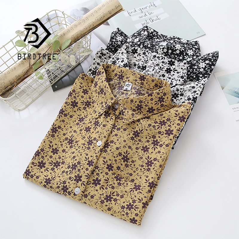 

Spring New Women Vintage Floral Chiffon Blouse Oversize Long Sleeve Turn-Down Collar Loose Casual Shirts Button Up Basic Tops T1