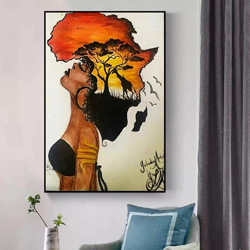 Африканская женщина дневной закат пейзаж настенное искусство холст принты и