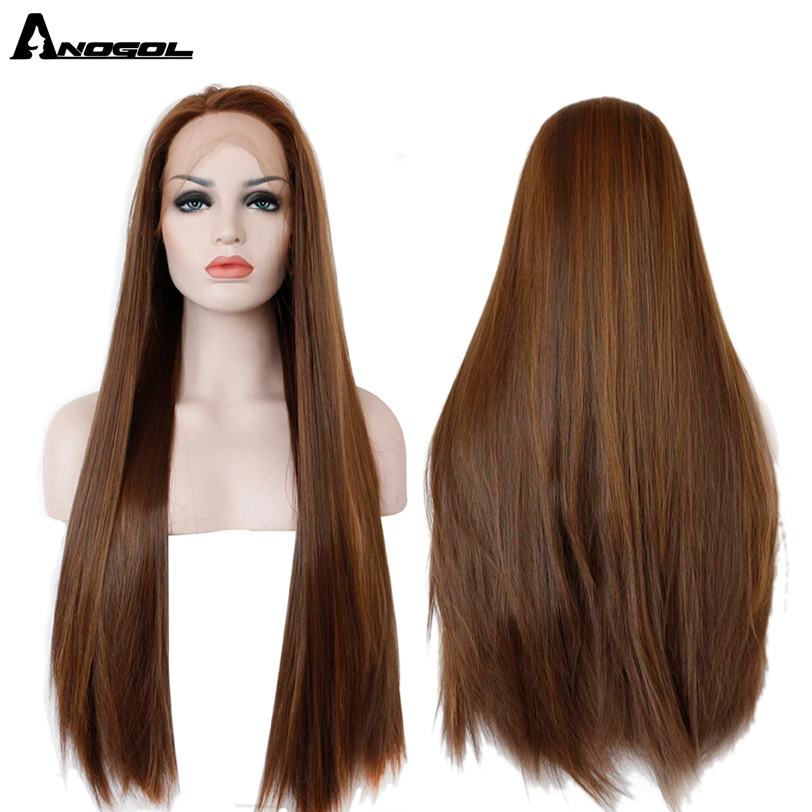 Anogol Dark Brown Lace Front Wig Natural Long Straight Glueless Synthetic High Temperature Heat Resistant Fiber Hair Women Wigs