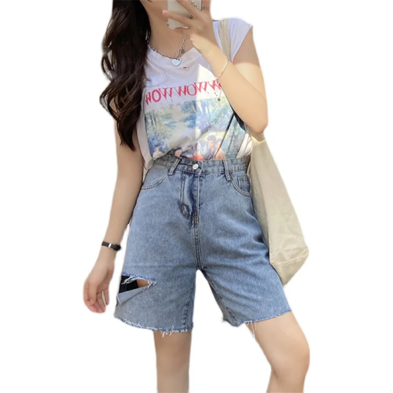 

Fitaylor Summer Women High Waist Hole Jeans Casual Female Light Blue Denim Straight Tube Shorts Lady Loose Fashion Button Short