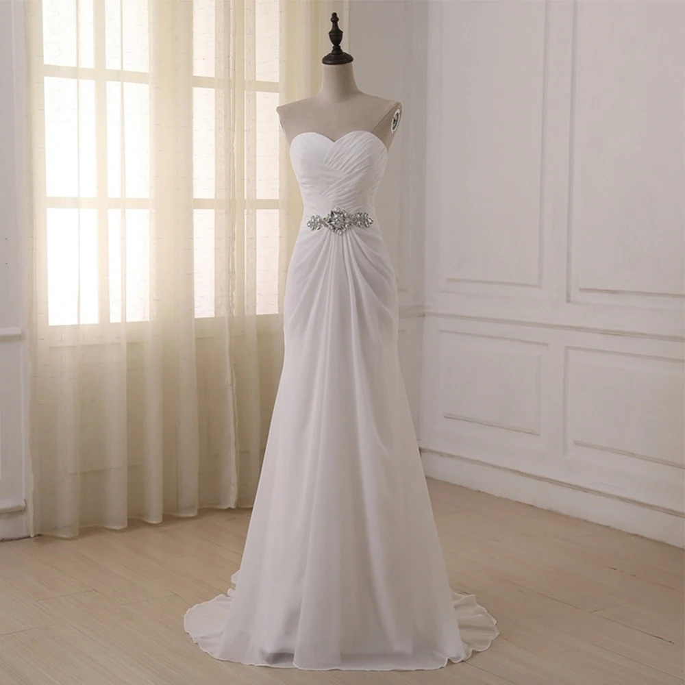 

Boho Sweetheart A-Line Chiffon Wedding Dress 2021 Beadings Pleats Sweep Train Lace Up Back Formal Bridal Gowns