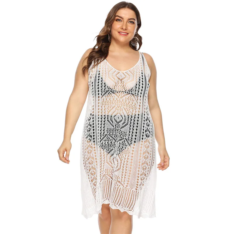 

Plus Size Beach Cover Ups for Women Sexy Crochet Beachwear White Dresses Lace Bikini Cover-ups 2020 Summer Woman Swim XL- XXL