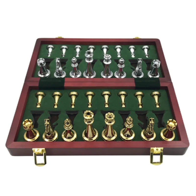 

Easytoday Metal Glossy Golden and Silver Chess Pieces Solid Wooden Folding Chess Board High Grade Professional Chess Games Set