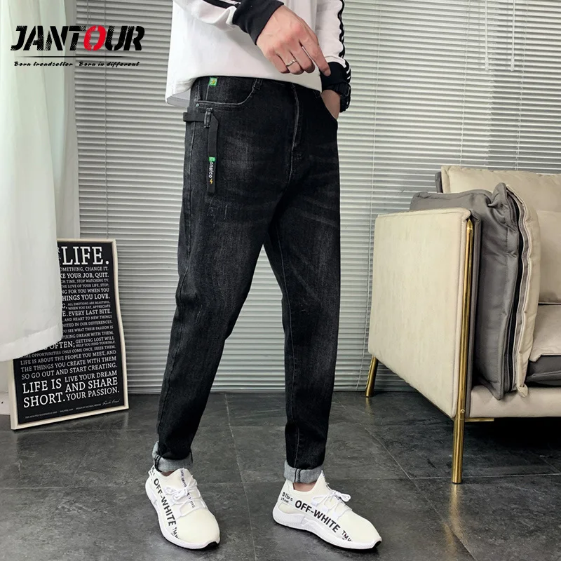 

Jantour Brand Men Black Jeans Fashion Straight Harem Pants Streetwear Men Black Ribbons Hip Hop Trousers Male Pantalon Homme
