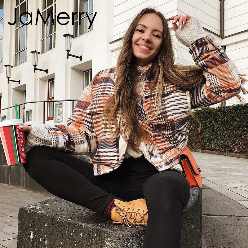 JaMerry винтажная однобортная Женская клетчатая куртка, пальто с длинным рукавом, Повседневная Осенняя верхняя одежда, пальто, уличный сверхразмерный женский пиджак