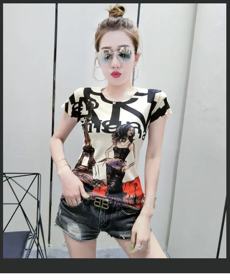

2021 New Summer Dress New Personality Printed T-shirt Women's Short-sleeved Round Neck All-match Slim Slimming Color Top