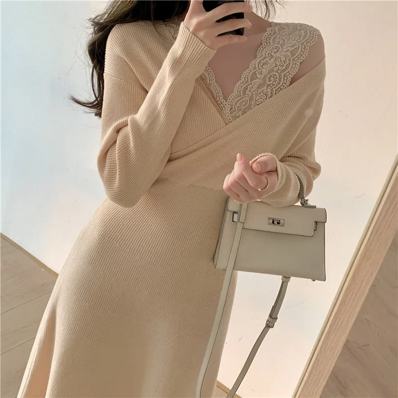 

HziriP 2021 New Autumn Winter Bottoming Dress Elegant Long Knitted Sweater Dress Women OL Style Sexy Lace Stitching Long Dresses