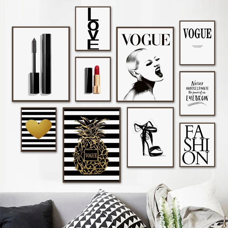 

Vogue Women Mascara Lipstick Pineapple Wall Art Canvas Painting Nordic Posters And Prints Wall Pictures For Living Room Decor