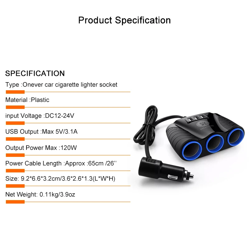 Универсальный 3 Way 12V 24V автомобильный прикуриватель сплиттер адаптер порта USB