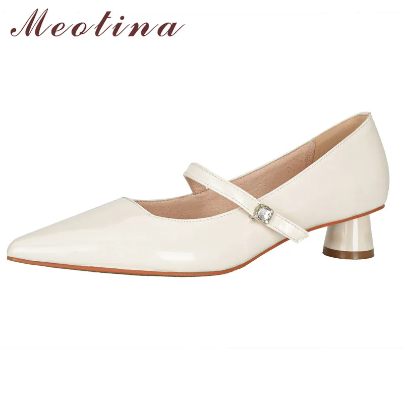 

Meotina Women Mary Janes Shoes Genuine Leather Mid Heel Pumps Crystal Buckle Pointed Toe Shoes Block Heels Dress Footwear 42 43