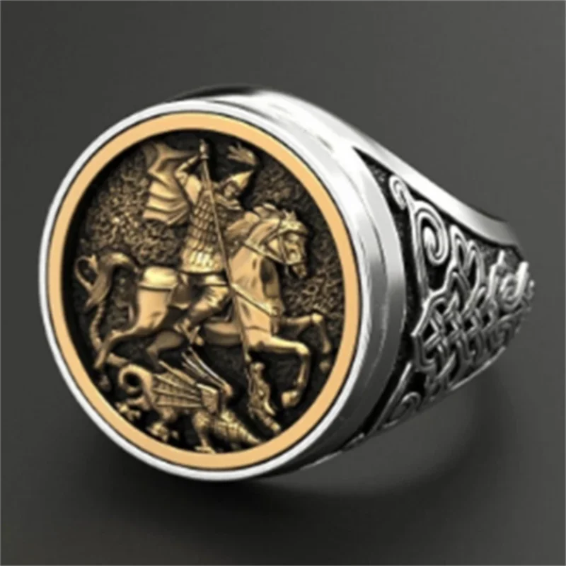 

Personality Horseback Riding Retro Ring Creative Fashion Trend Men's Ring Luxury Monarch Saint George Portrait Ring wholesale