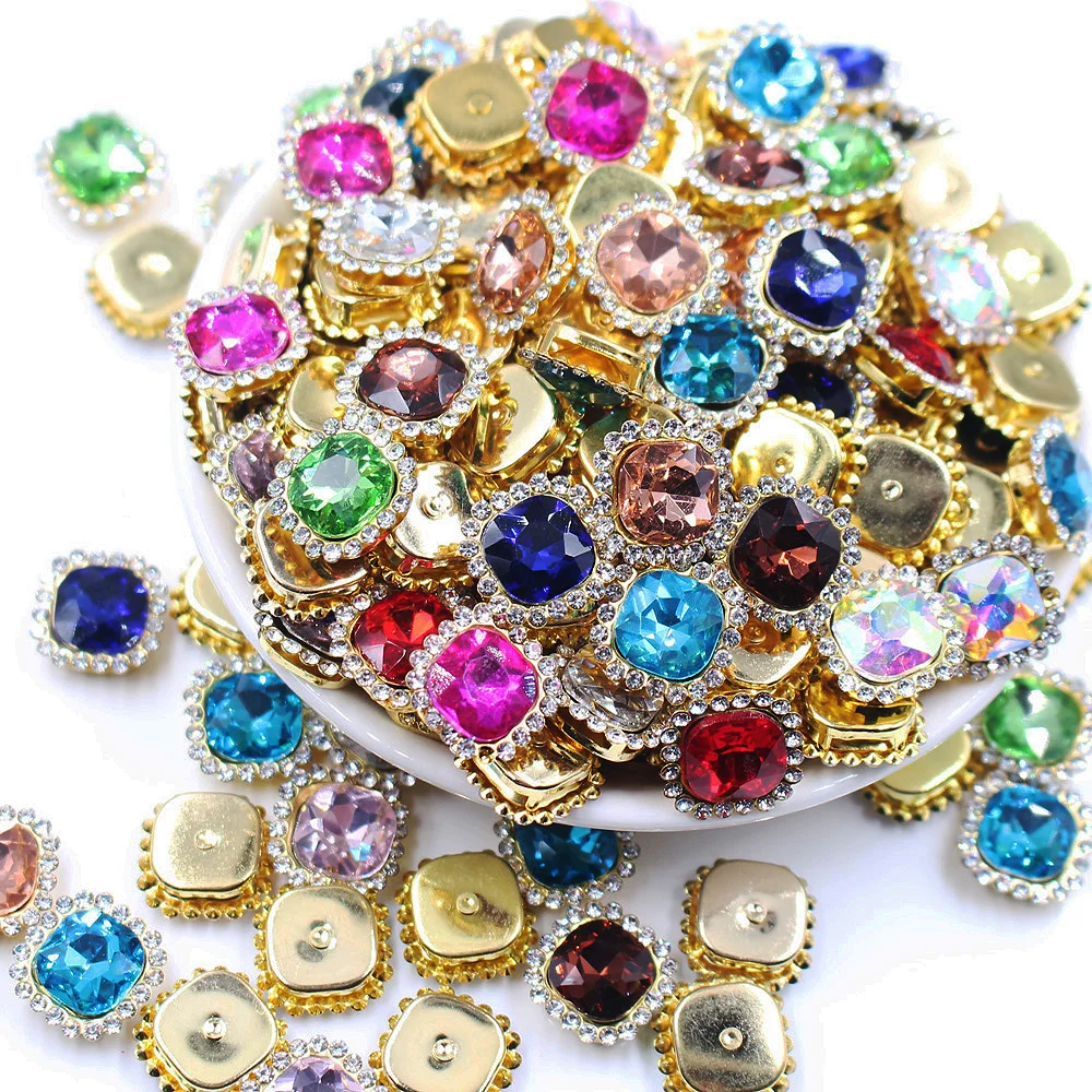 10 мм квадратной формы Flatback Золотое основание Блестящие кристаллы Камни шитье