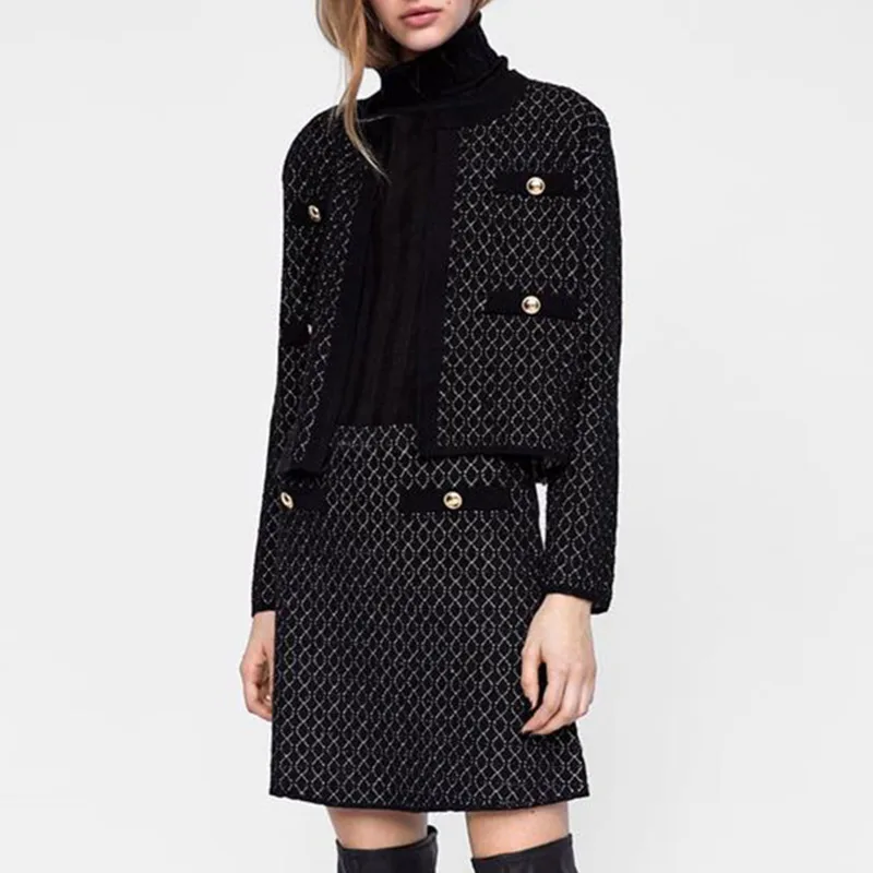 Женский трикотажный комплект из 2 предметов клетчатый свитер с длинными рукавами