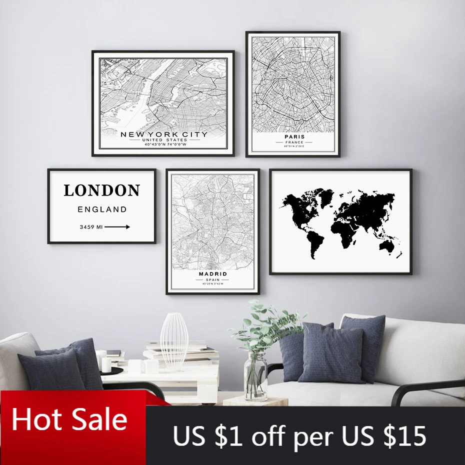 Минималистский индивидуальный заказ World City Карты координатно черный белый цвет