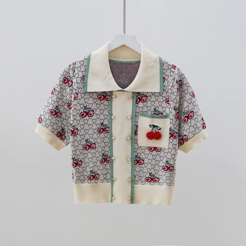 

Женский трикотажный жаккардовый пуловер с бусинами и вишней, Летний Тонкий пуловер с отворотами и жемчужинами, двубортный Повседневный сви...