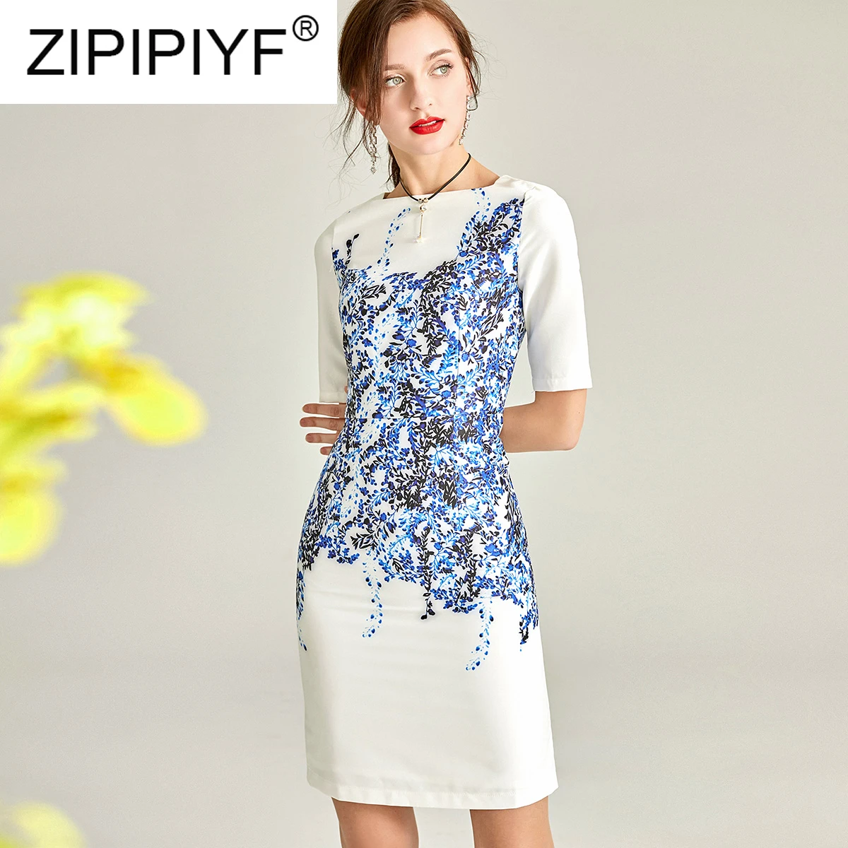 

2020 Spring Summer New Fashion Elegant Dress Square Collar Half Sleeve Straight Dress Chiese Style Knee-Length Slim Dress Y94