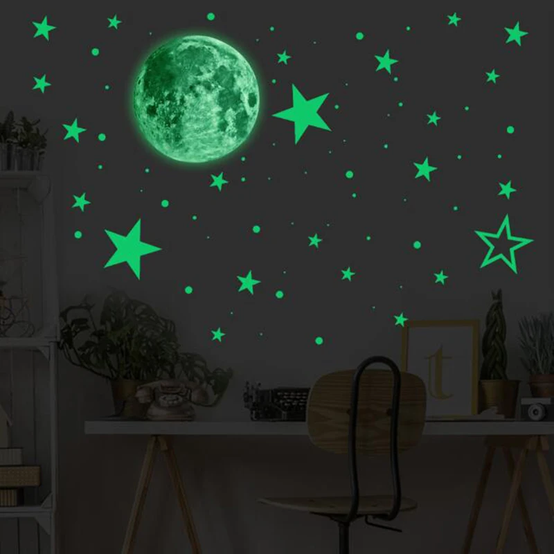 

30cm Moon 435pcs Stars Dots Green Luminous Wall Sticker Children Room Ceiling Stairs Wallpaper Fluorescent Mural Decals