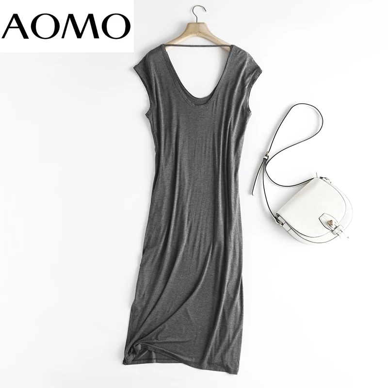 

AOMO 2021 Summer Women Gray Backless Cotton Dress Ladies Midi Dress Vestidos 6D97A
