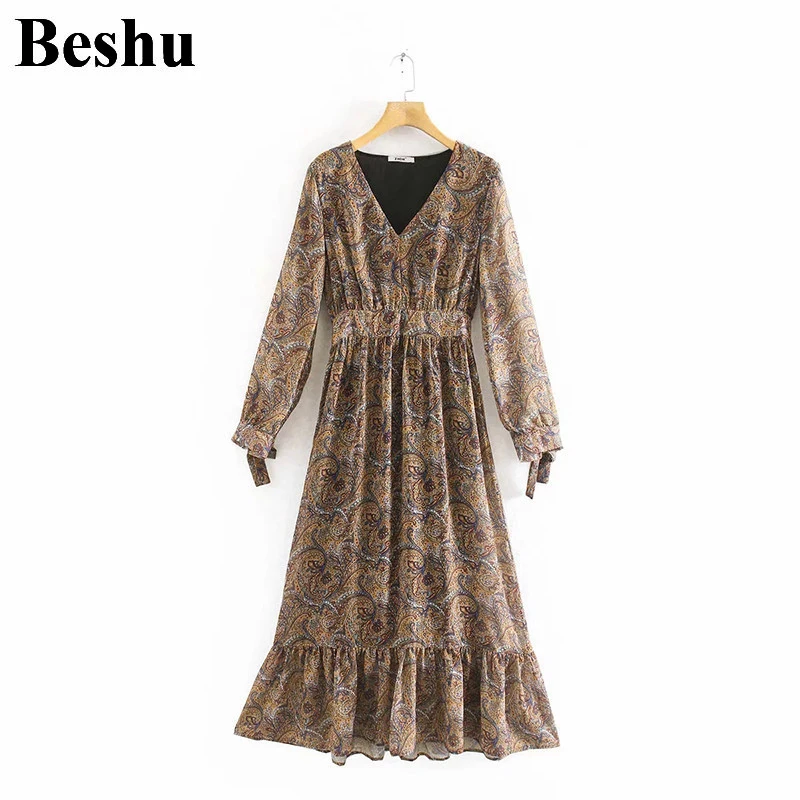 Za 2019 женское платье А силуэта с длинным рукавом миди цветочным принтом элегантное винтажное v образным