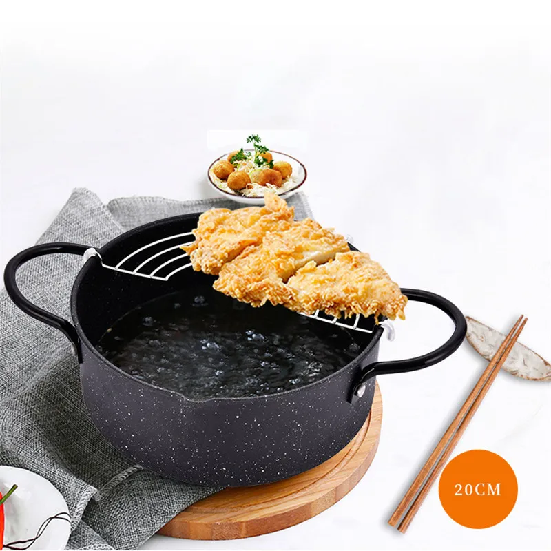 Черный глубокий жарочный котелок Tempura на 20 см с корзиной - кухонные принадлежности для готовки дома и на пикнике на открытом воздухе.