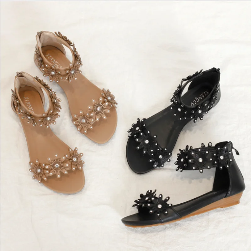 

slope with bohemian women's sandals summer new style flower Roman word with flat heel all-match fashion casual shoes XM046