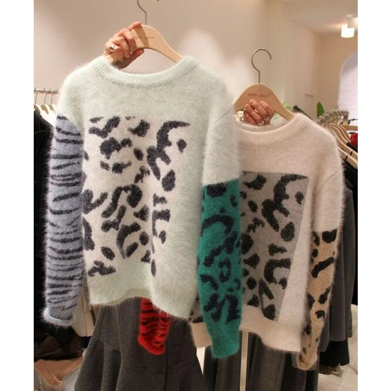 HAMALIEL High Quality Women Pink Patchwork Leopard Knitting Pullover Casual Autumn Winter Thick Mink Cashmere Loose Sweater Tops | Женская