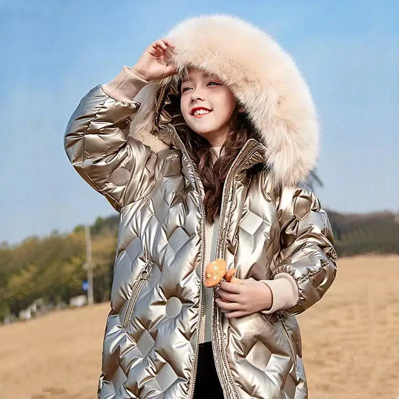 

2021 Girls Winter 90% White Duck Down Thick Warm Snowsuit Kids Fur Hoody Windproof Waterproof Outerwear Coat Children Jacket