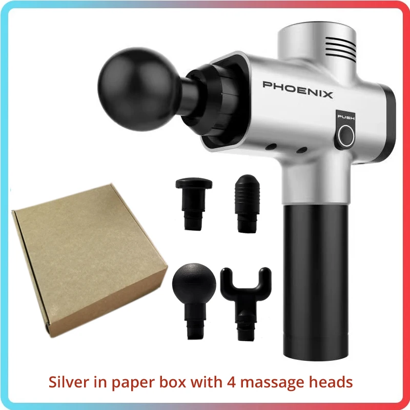 Silver in Paper Box Массажный пистолет для мышечного массажа, с низким шумом, воздействие на глубокие ткани, с 4 массажными головками, 3 уровня скорости, обезболивание, расслабление с походной коробкой EVA - Цвет: Silver in Paper Box