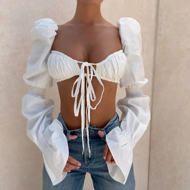 

Shirred White Puff Sleeve Tie Front Top Women Blouse Shirts Elegant Hot Sexy Backless Crop Tops Fashion Blusas
