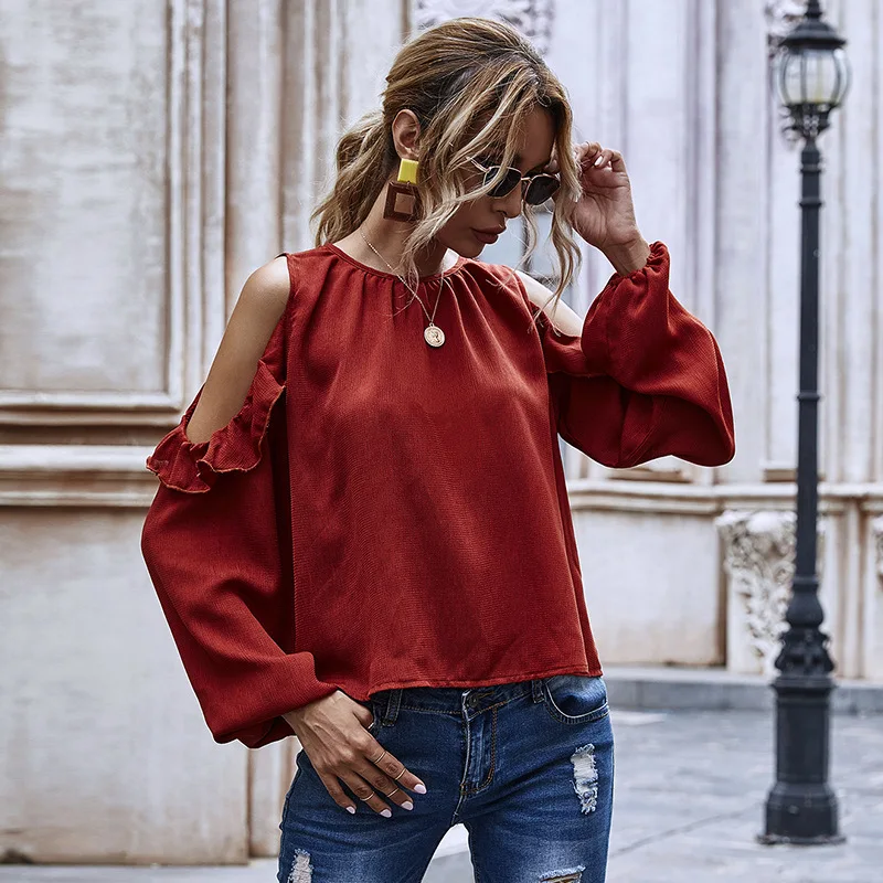 

Fashion Ruffles Shoulder Digging Lantern Sleeve Blouse Women Solid O-neck Casual Pullovers Female Autumn Winter Top