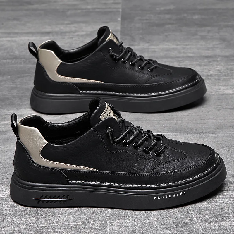 Harga Sepatu Pria Kulit Asli Sneakers Pria Kasual Sneakers Chunky Flat Pria Bersirkulasi Fashion Alas Kaki Pria Lembut Hitam Putih 2.5