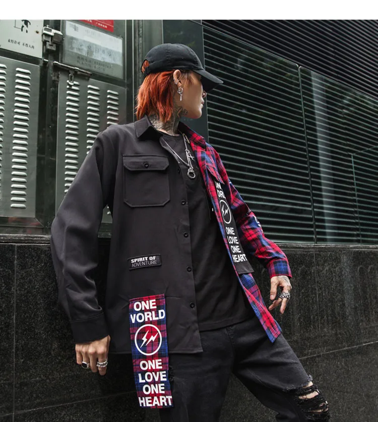 Red Plaid New Western Diablo Style Fashion Individuality Printed Plaid Patchwork Men's Long-Sleeved Shirts Hip Hop Autumn Streetwear Color - Цвет: Red Plaid