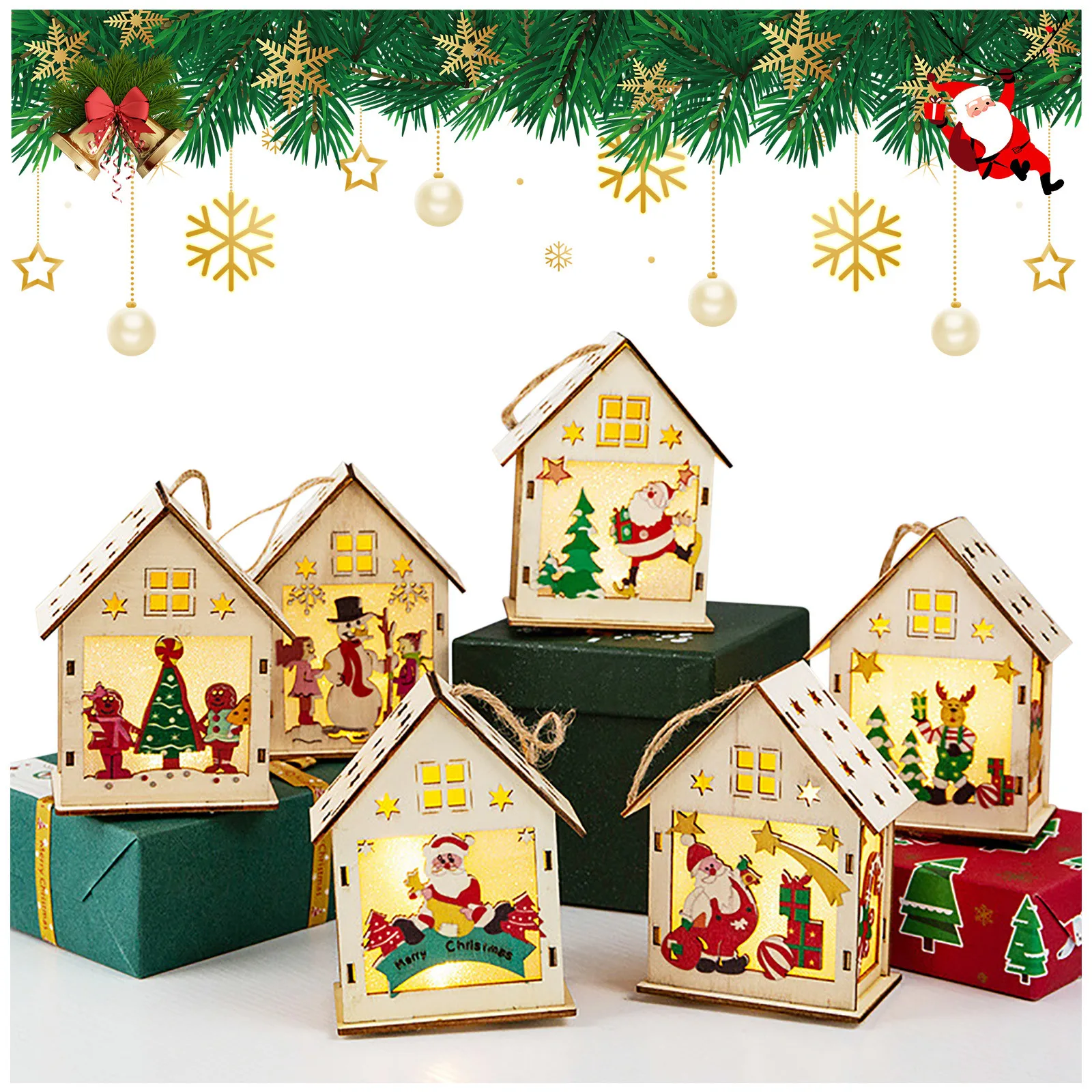 

Christmas Wooden Lighted House Santa Claus Window Decoration Luminous Wooden Christmas Tree Decoration Hanging New Year Gift