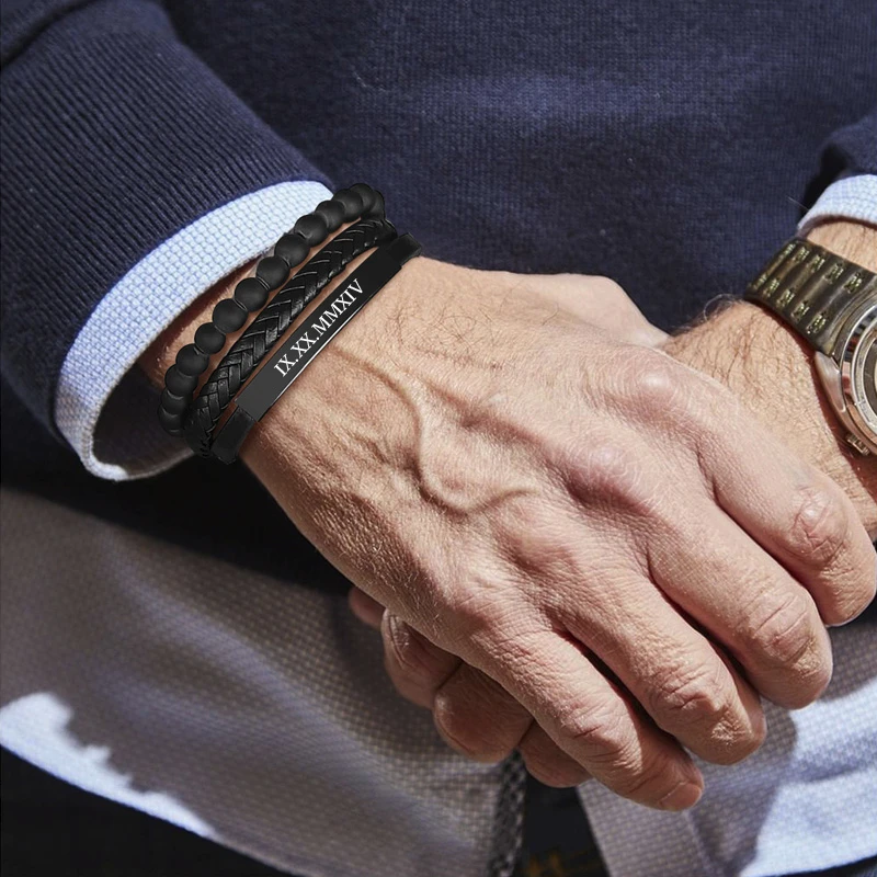 Черный Кожаный Тройной многослойный сердолический мужской браслет с