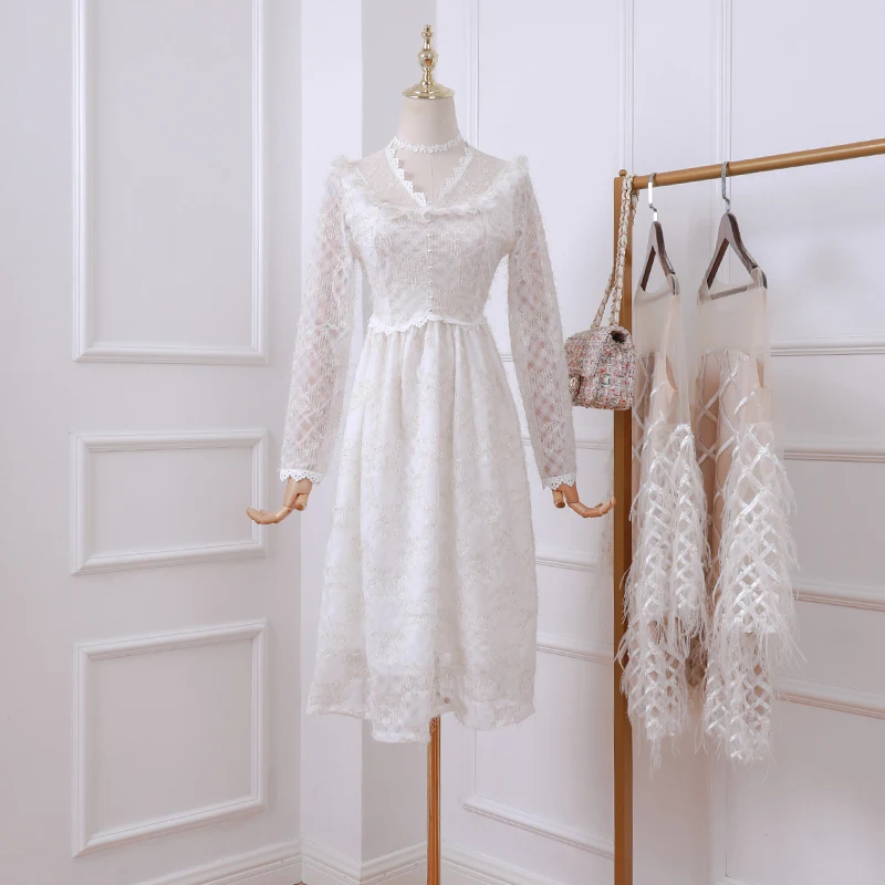 2019 осеннее и зимнее Новое шифоновое платье приталенное Ретро Кружевное